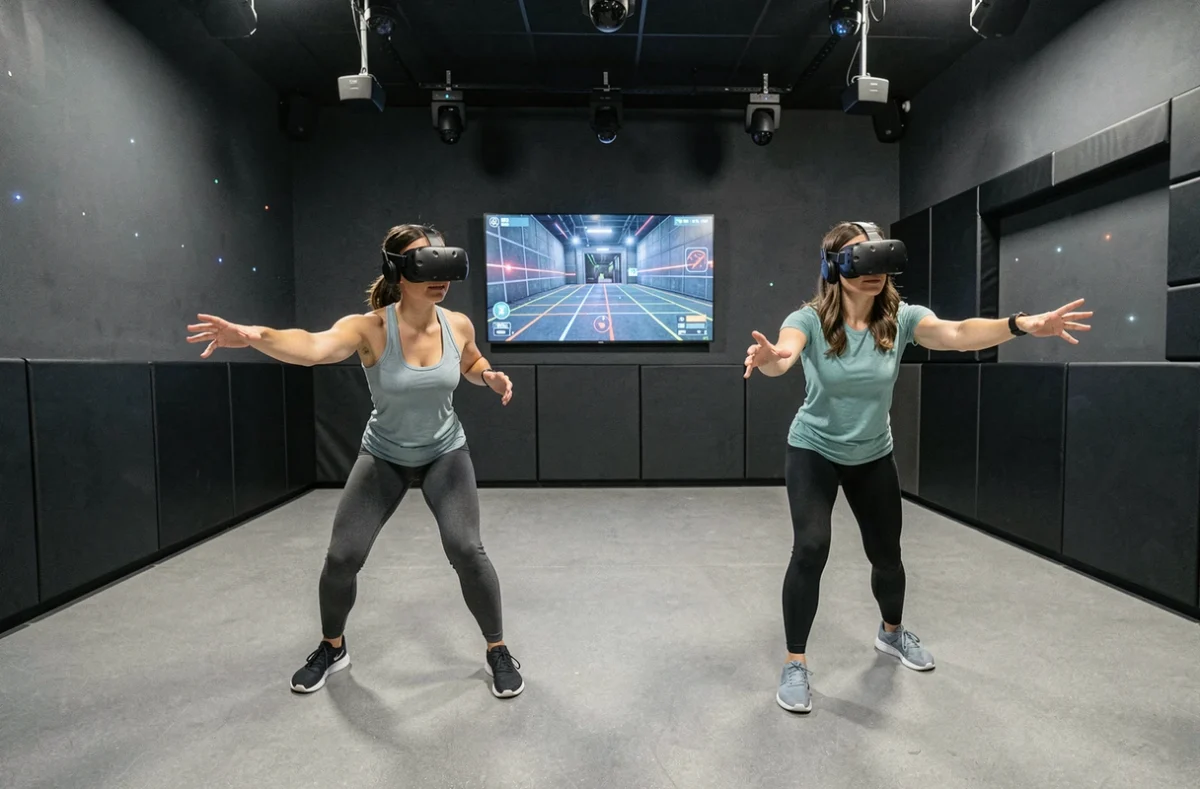 Deux joueuses immergées dans une expérience de réalité virtuelle à Virtual Room Orléans
