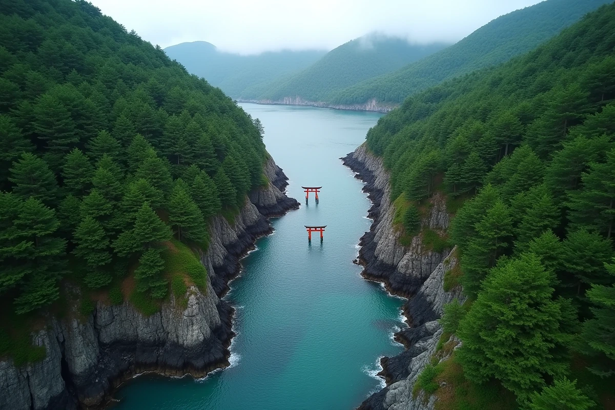 Vue plongeante sur une petite baie japonaise entourée de forêts de cèdres avec un torii rouge au bord de l'eau