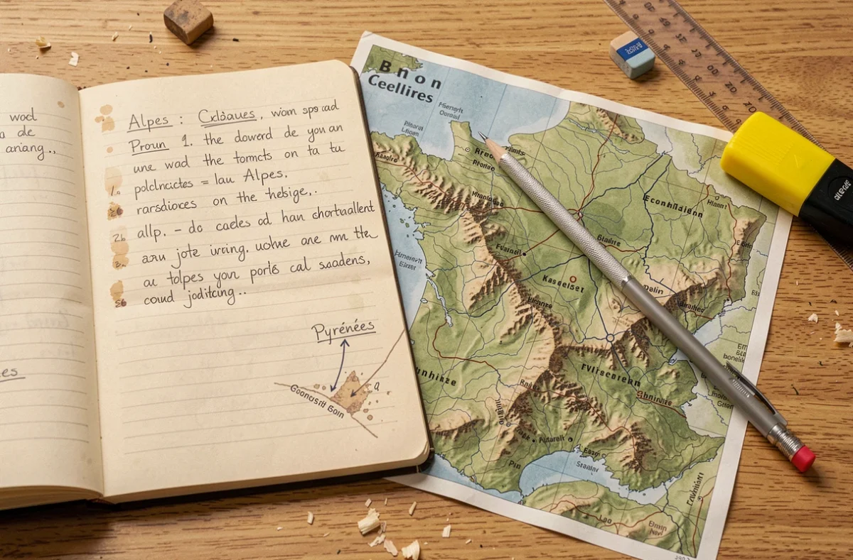 Vue aérienne rapprochée d'une carte topographique haute résolution des montagnes de France posée sur un bureau scolaire avec un cahier de notes